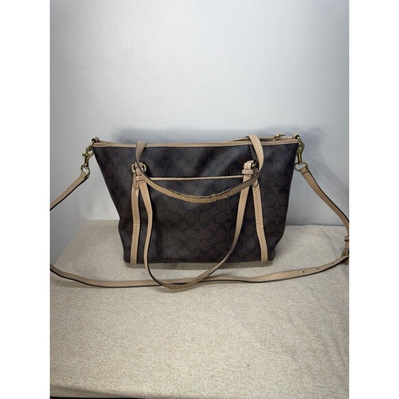 Coach Authentic Peyton Signature Brown Leather Monogram Zip Carryall Shoulder - Picture 13 of 16